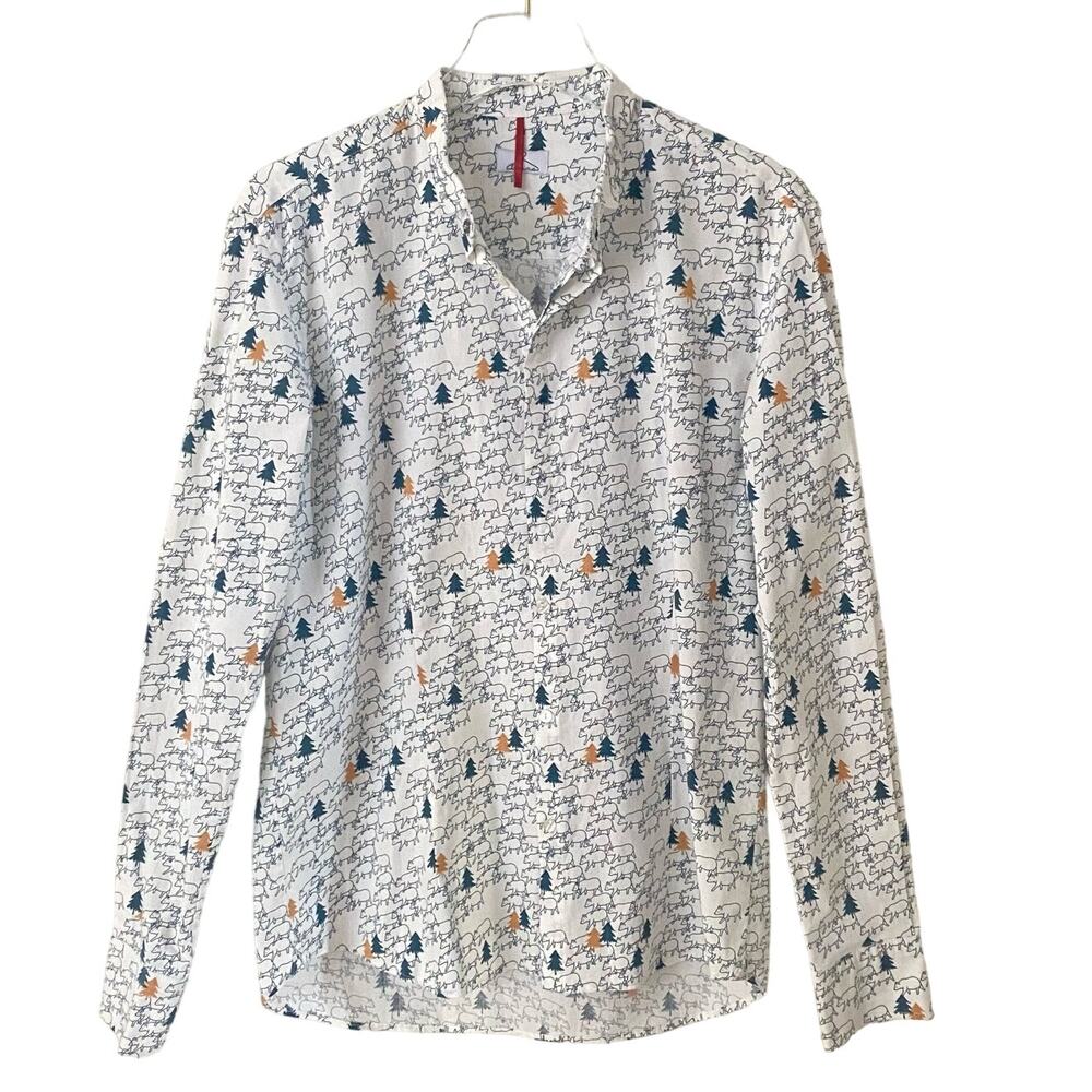 Berna Whimsical Shirt Bears Trees Print Men Medium Stretch Cotton White Blue